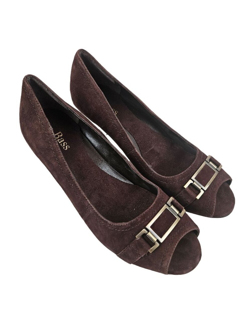 Bass Shoes Womens 8.5M Vivica Brown Suede Leather Peep Toe Heels Silver Chain